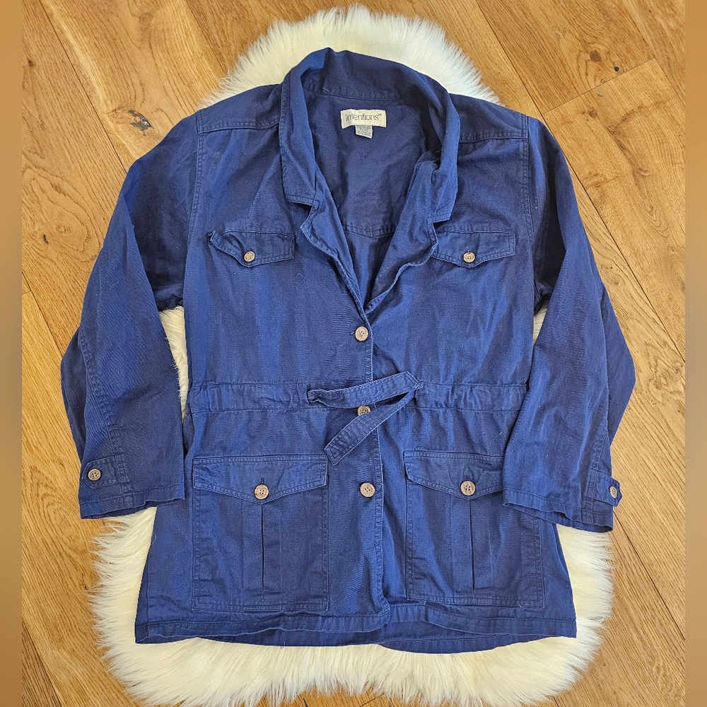 Vintage Blue Jacket With Shoulder Pads And A Cinched Waist